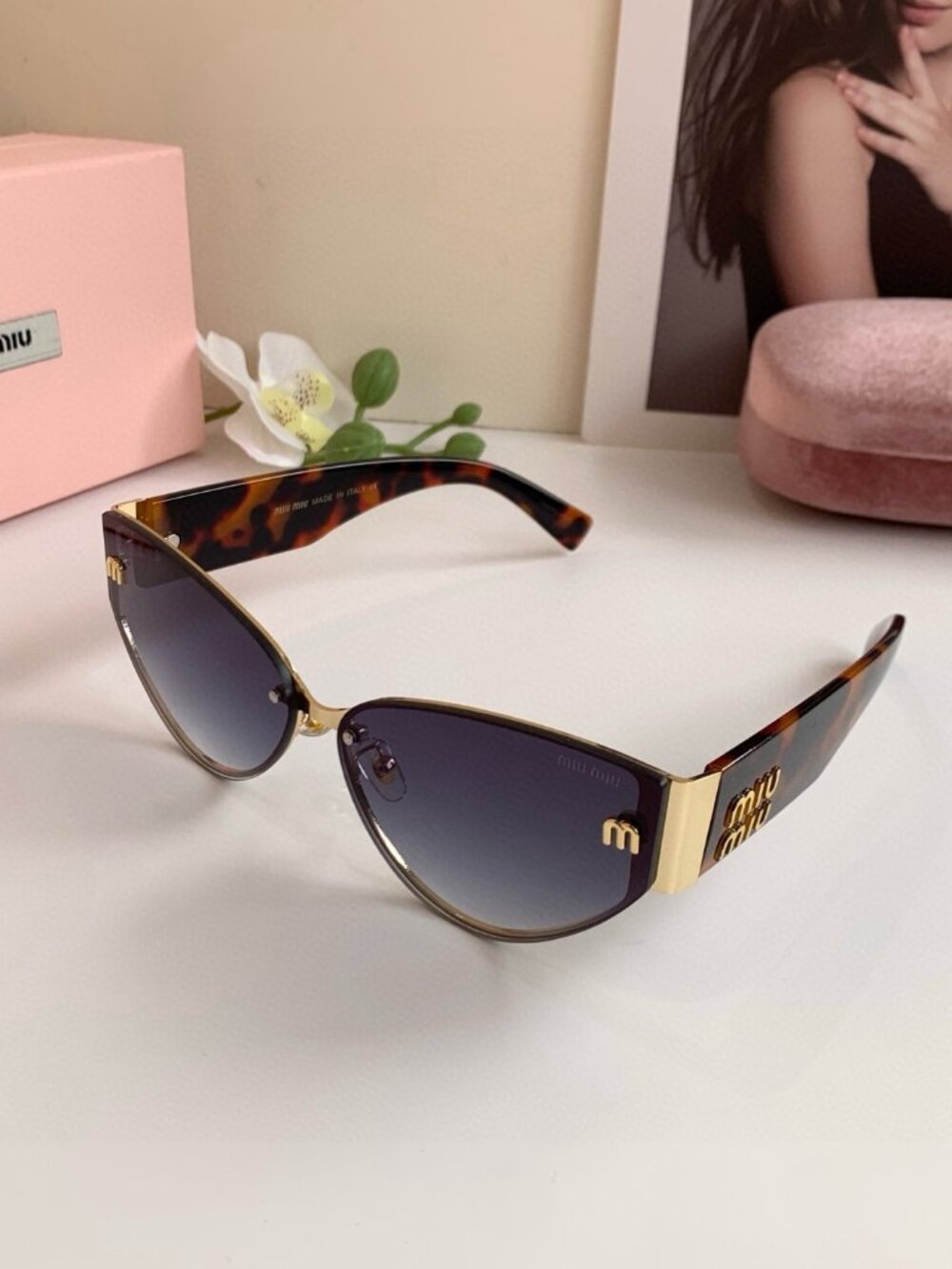 Miu Miu Tortoise Cat Eye Gradient Lens Sunglasses Gold Logo